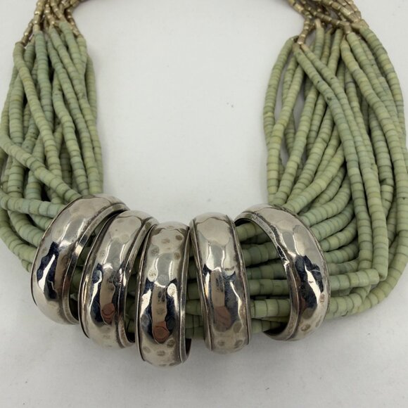 Green Multi Strand Beaded Necklace With Hammered Silver-Tone Rings Gold Beads - Picture 10 of 12